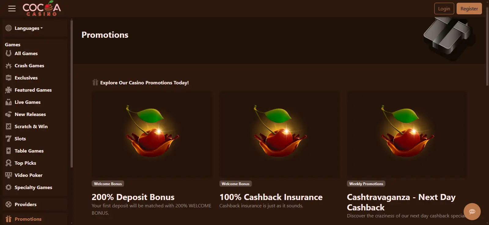Cocoa Casino promotions page showing the current welcome promotion