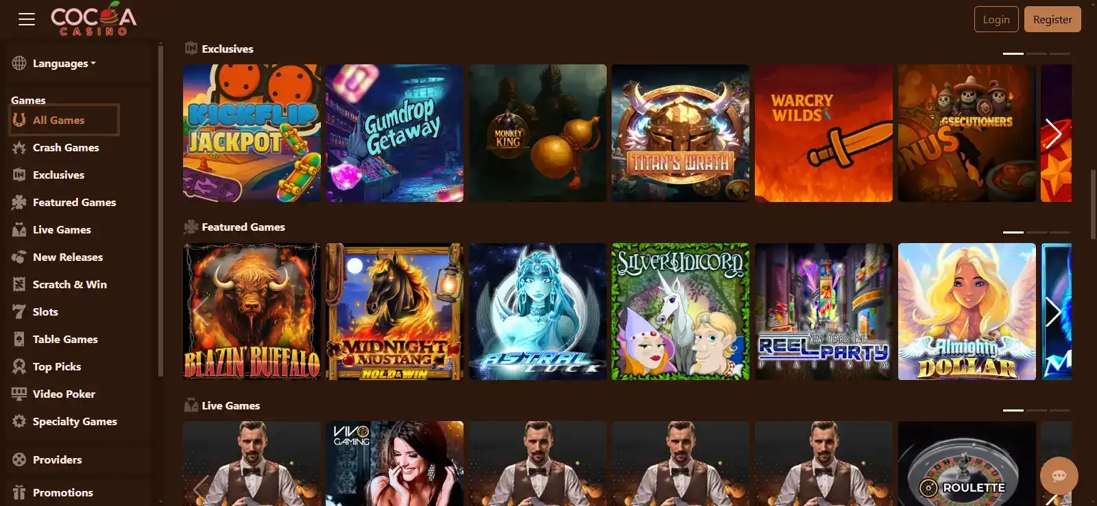 Cocoa Casino game lobby showing current game categories and providers