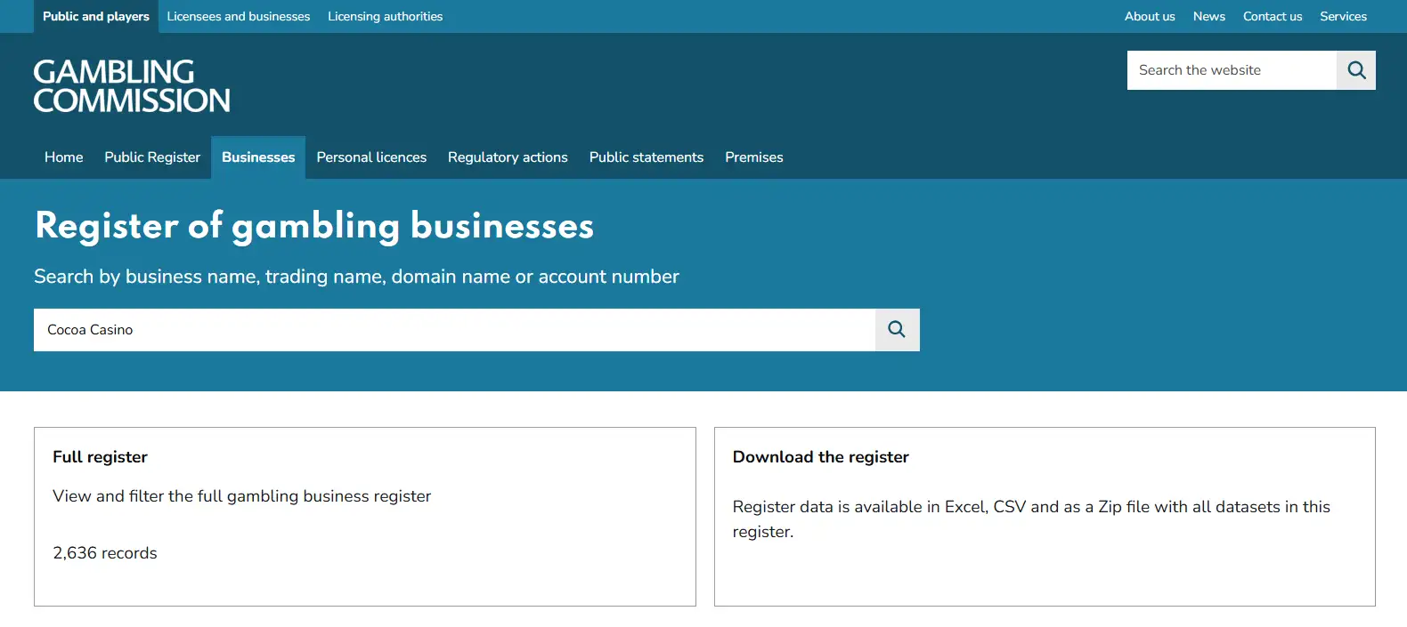 UK Gambling Commission business register used to check Cocoa Casino licence status