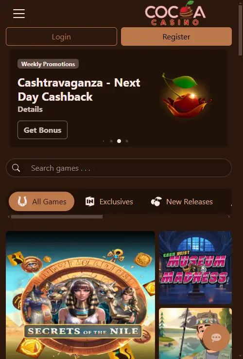 Cocoa Casino website displayed at a mobile browser viewport