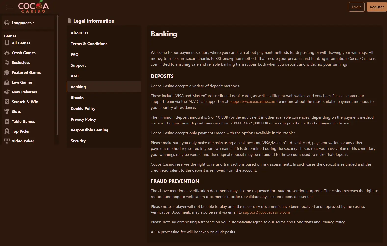 Official Cocoa Casino Banking page showing current deposit and payment information