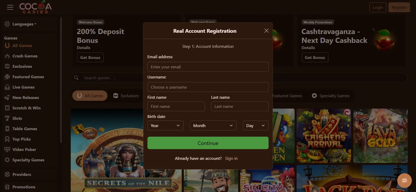 Current Cocoa Casino real account registration form