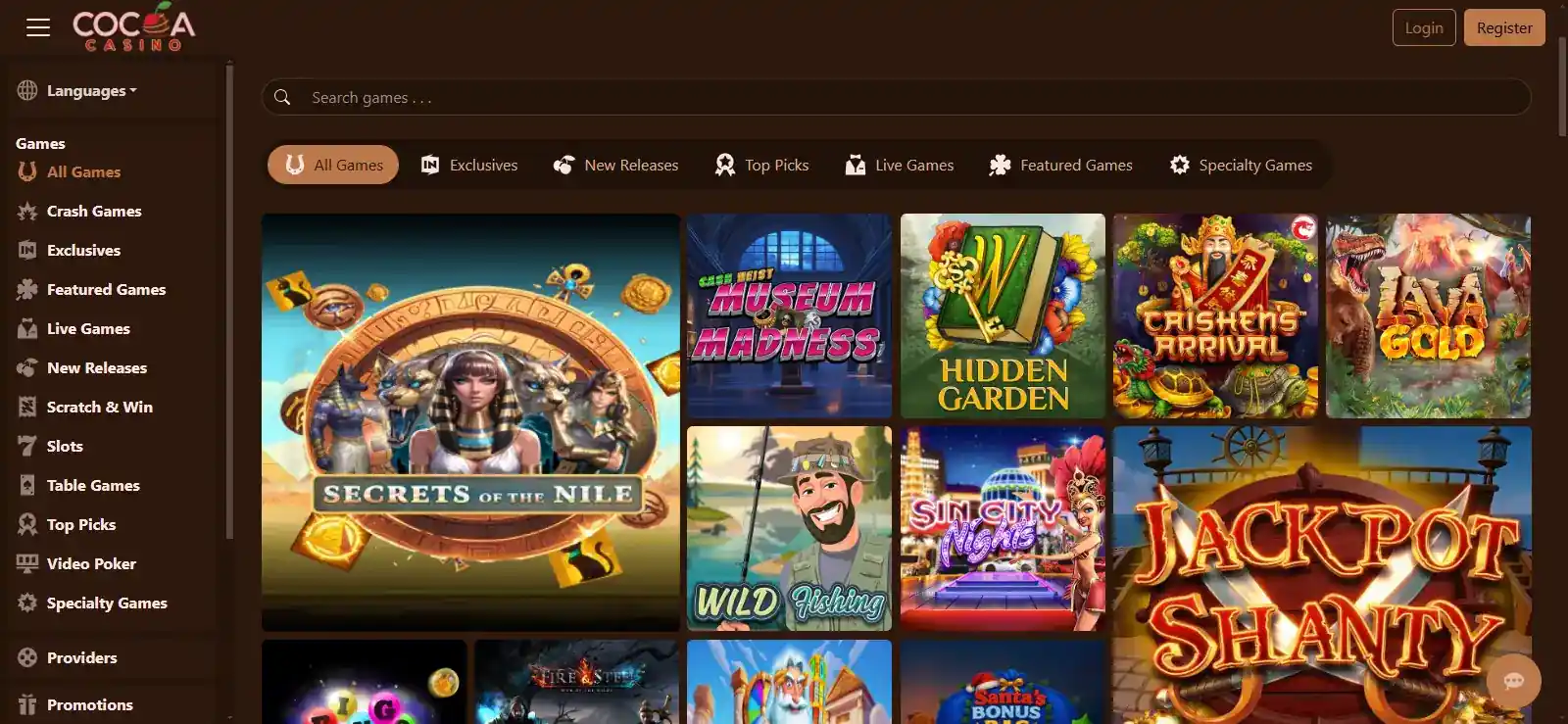 Current Cocoa Casino homepage interface